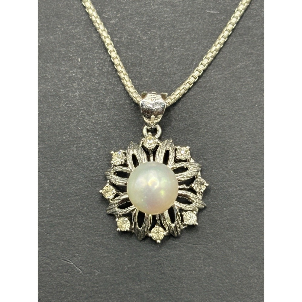 20" Sterling Silver Genuine Pearl Pendant Necklace 925 Rhinestone 5 Grams G29